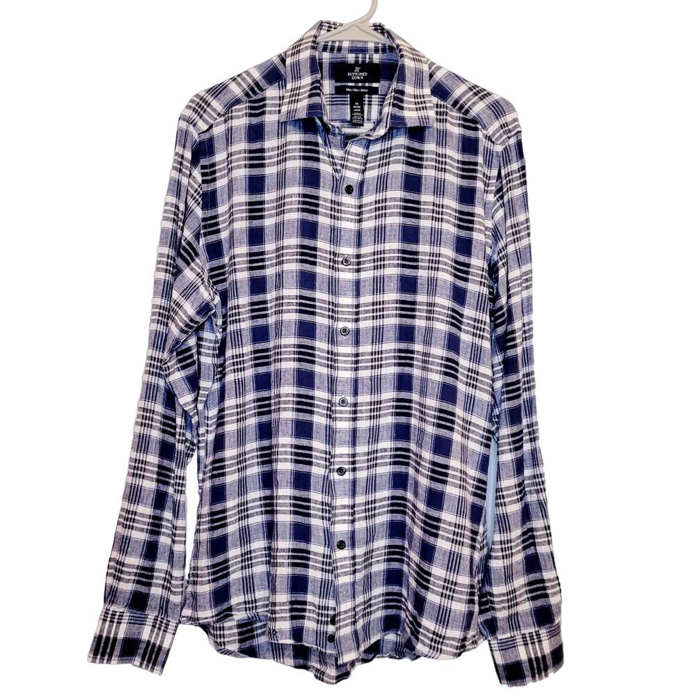 Buttoned Down linen blue plaid slim fit button up shirt Size Med Preppy Classic